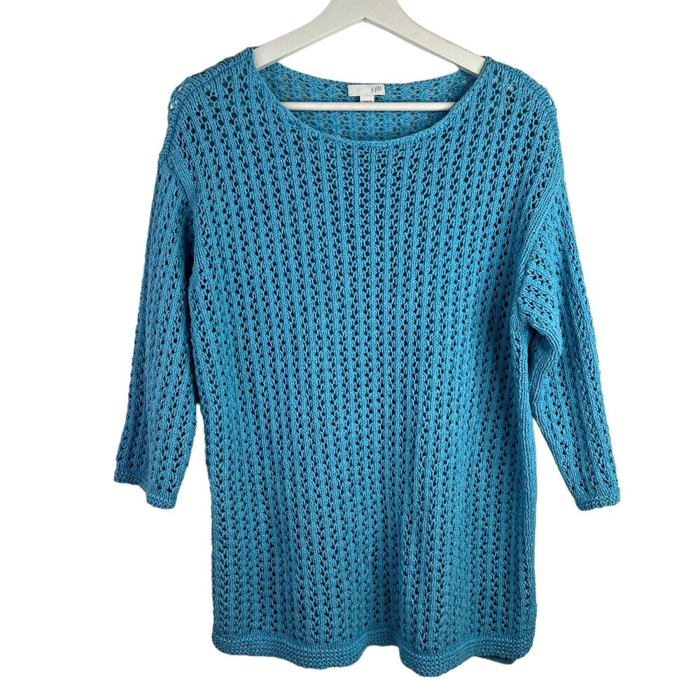 J Jill Women’s M Sweater Open Knit Aegeon Pullover Scoop Neck 3/4 Sleeve Teal